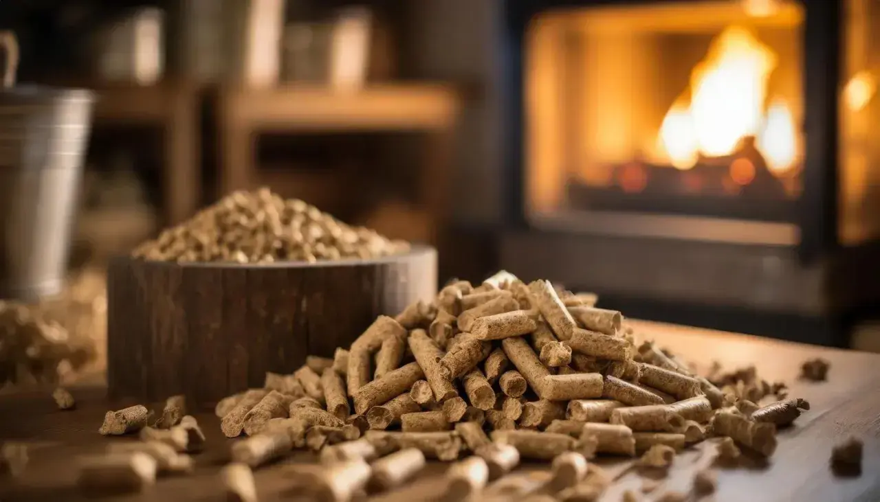 Un mucchio di pellet di legno su un tavolo, con un camino acceso sullo sfondo. L'immagine evoca il tema dell'andamento prezzo pellet.