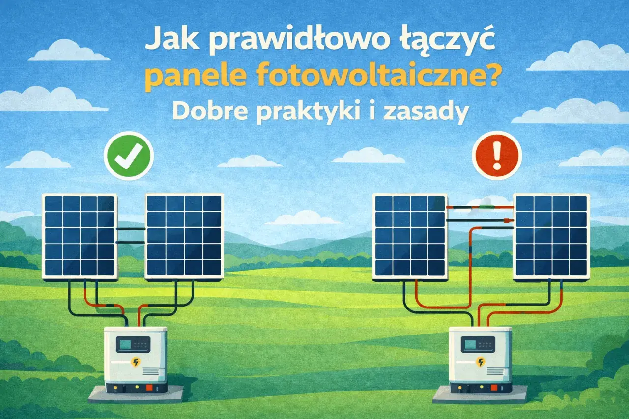 Ilustracja pokazuje prawidłowe i nieprawidłowe łączenie paneli fotowoltaicznych. Po lewej poprawny schemat z zielonym zaznaczeniem, po prawej błąd z czerwonym wykrzyknikiem.