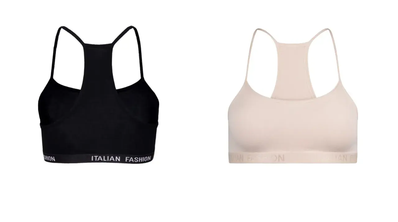 Czarny i beżowy biustonosz sportowy z napisem "ITALIAN FASHION". Idealny pierwszy biustonosz dla młodej kobiety.