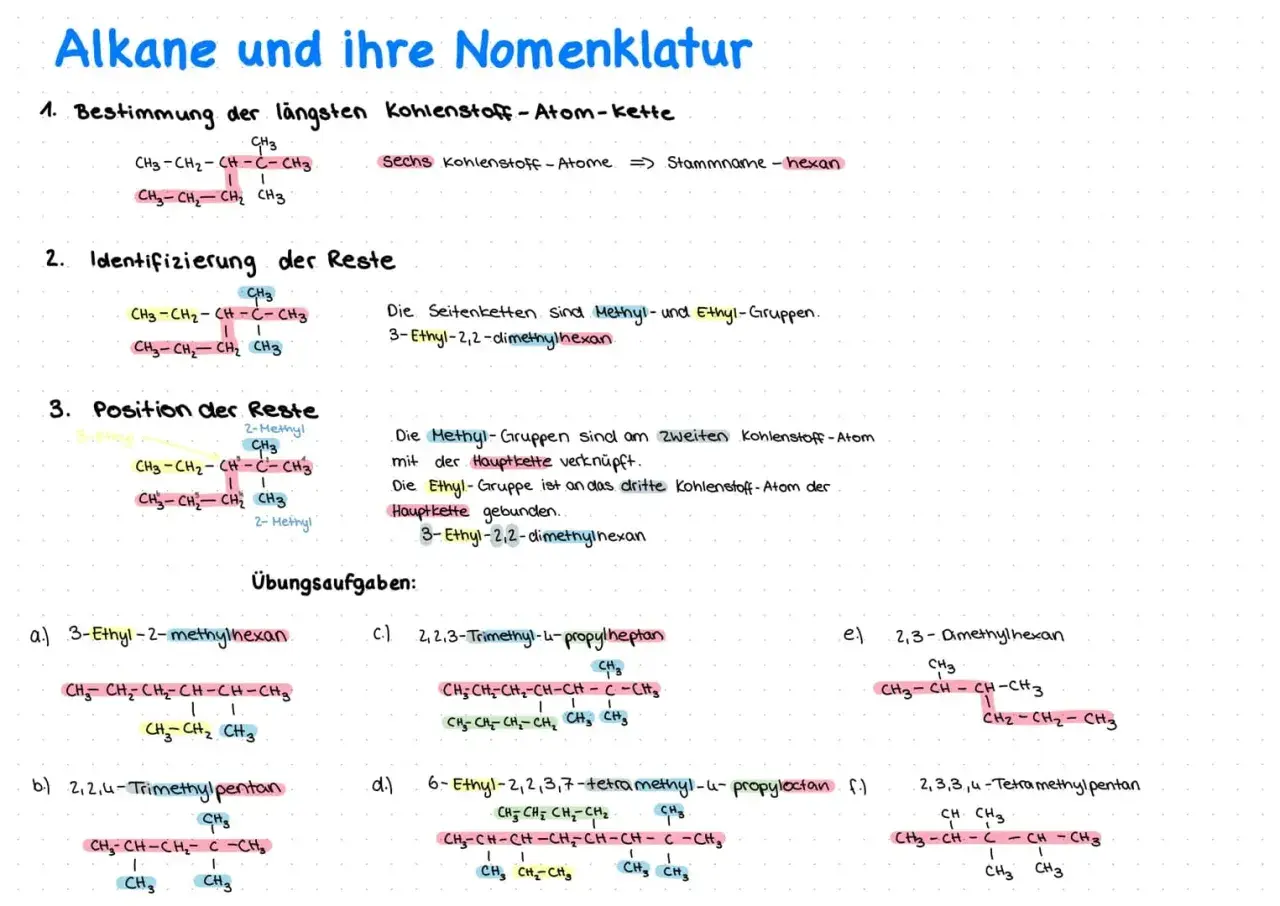 Alkane: Bestimmung der längsten Kohlenstoffkette, Identifizierung von Resten und deren Position. Übungsaufgaben zur Benennung von Alkanen.
