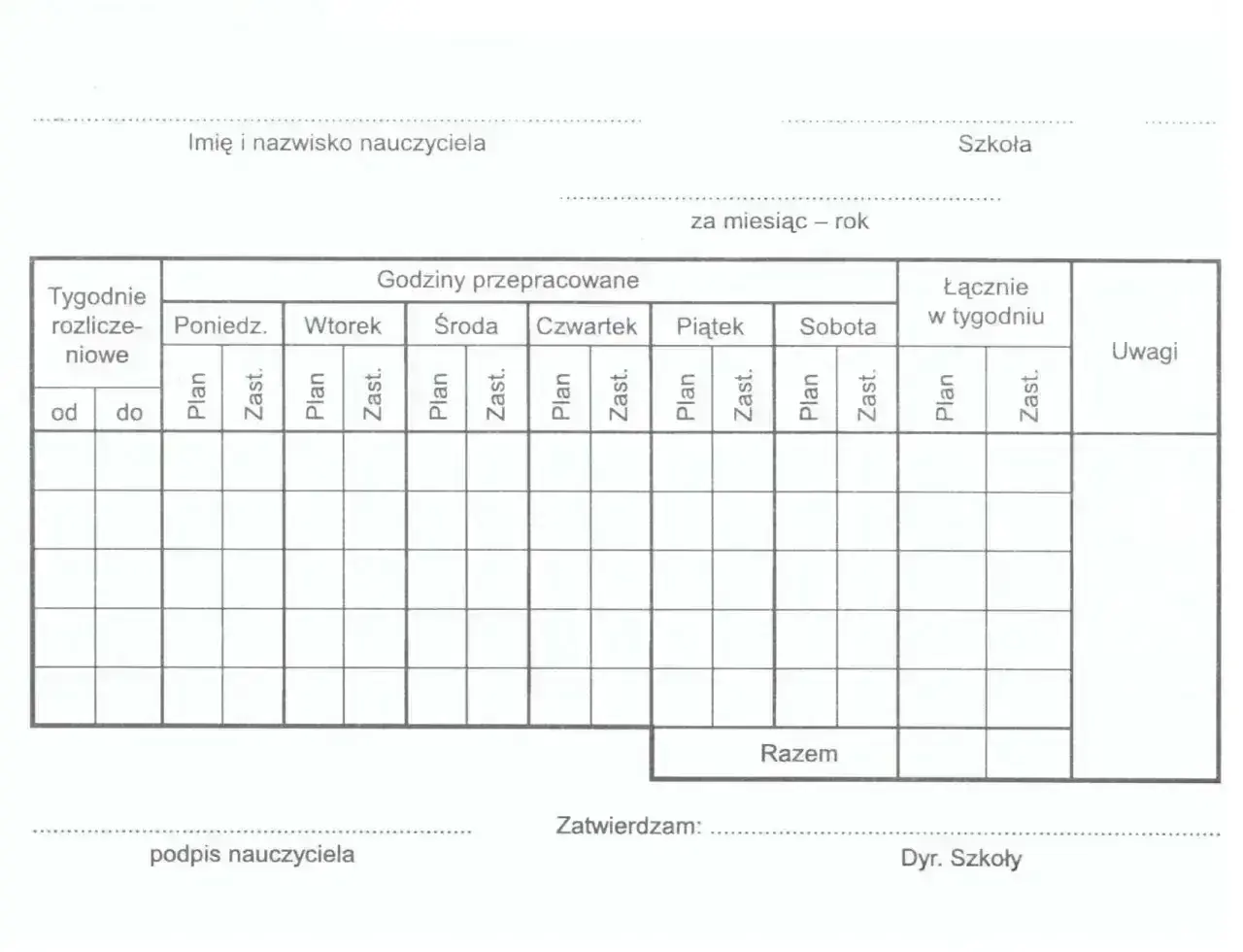 Tabela do rozliczania godzin pracy pedagoga specjalnego. Określa etat pedagoga specjalnego ile godzin przepracowano w tygodniu.