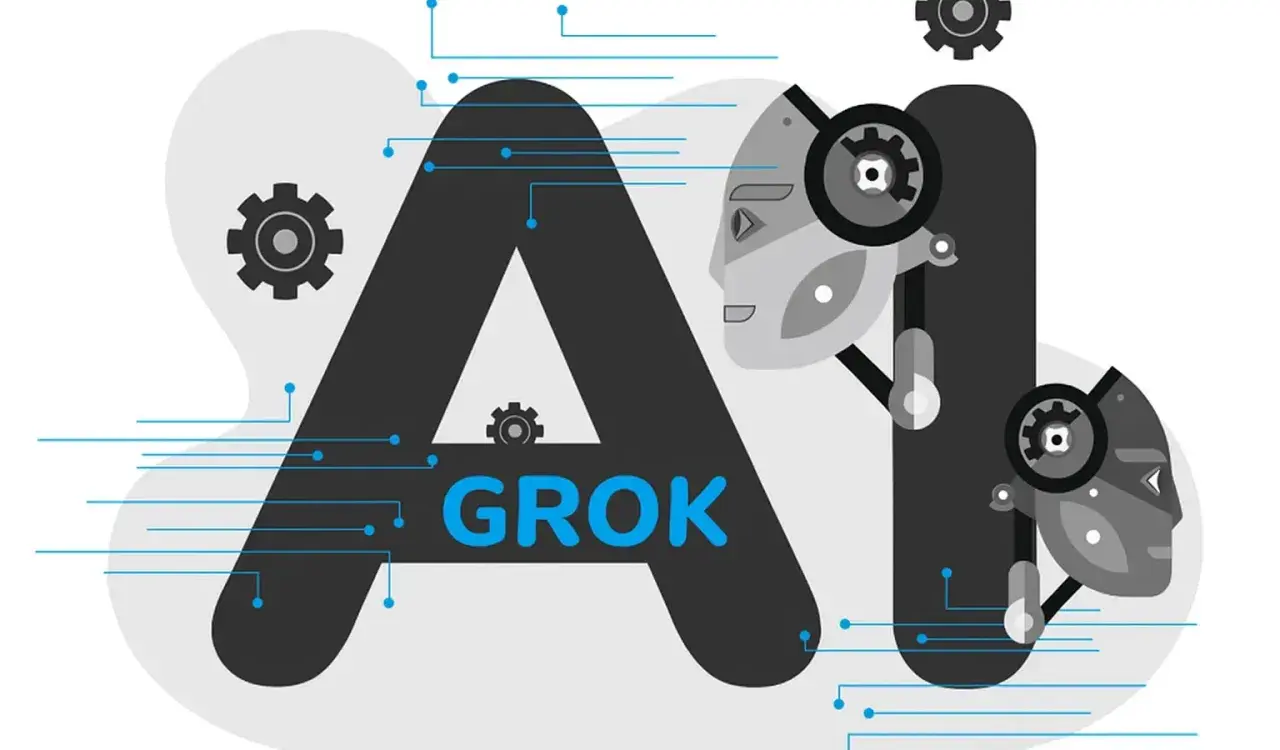 Grafika przedstawia litery "AI" z robotycznymi twarzami i zębatkami. W środku litery "A" widnieje napis "GROK", sugerujący, że to właśnie grok co to jest, czyli sztuczna inteligencja.