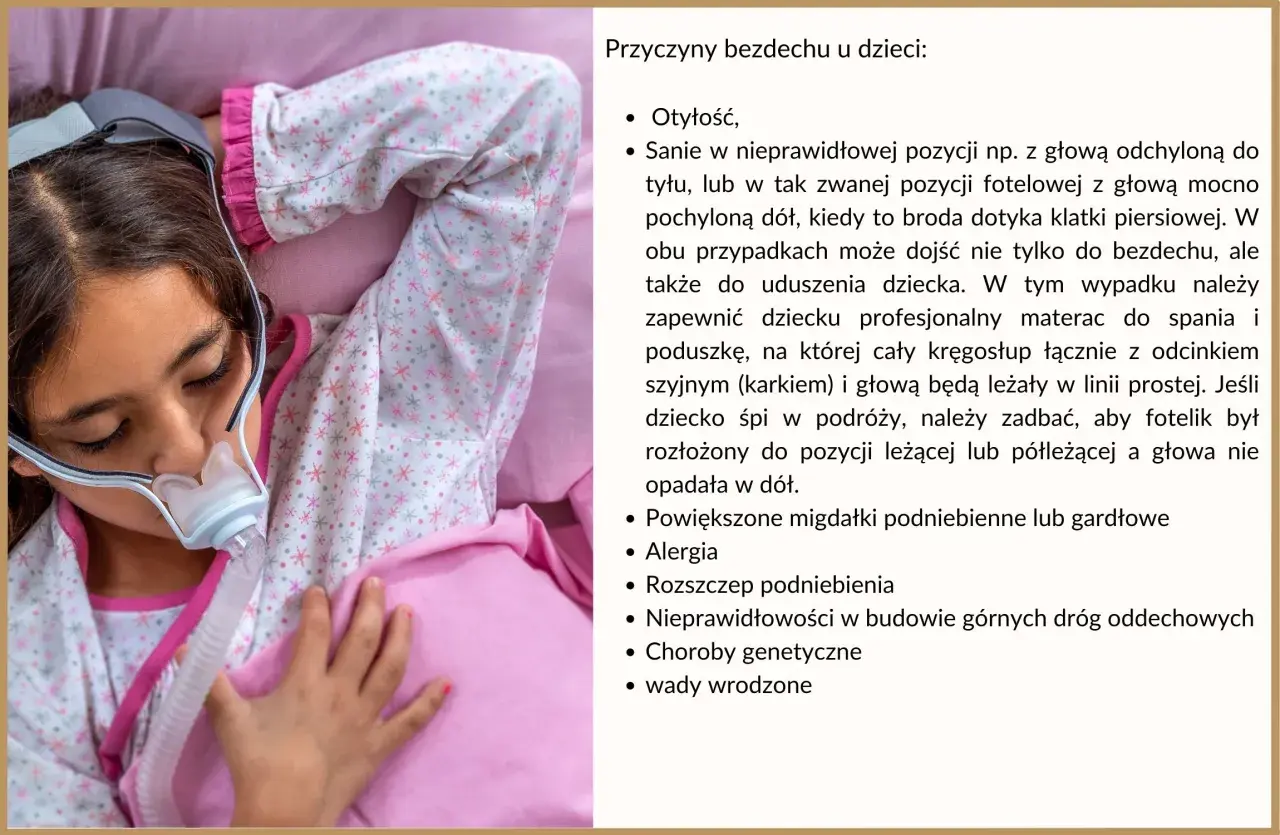Dziecko z maską CPAP, które może mieć bezdech. Na ekranie lista przyczyn bezdechu u dziecka.