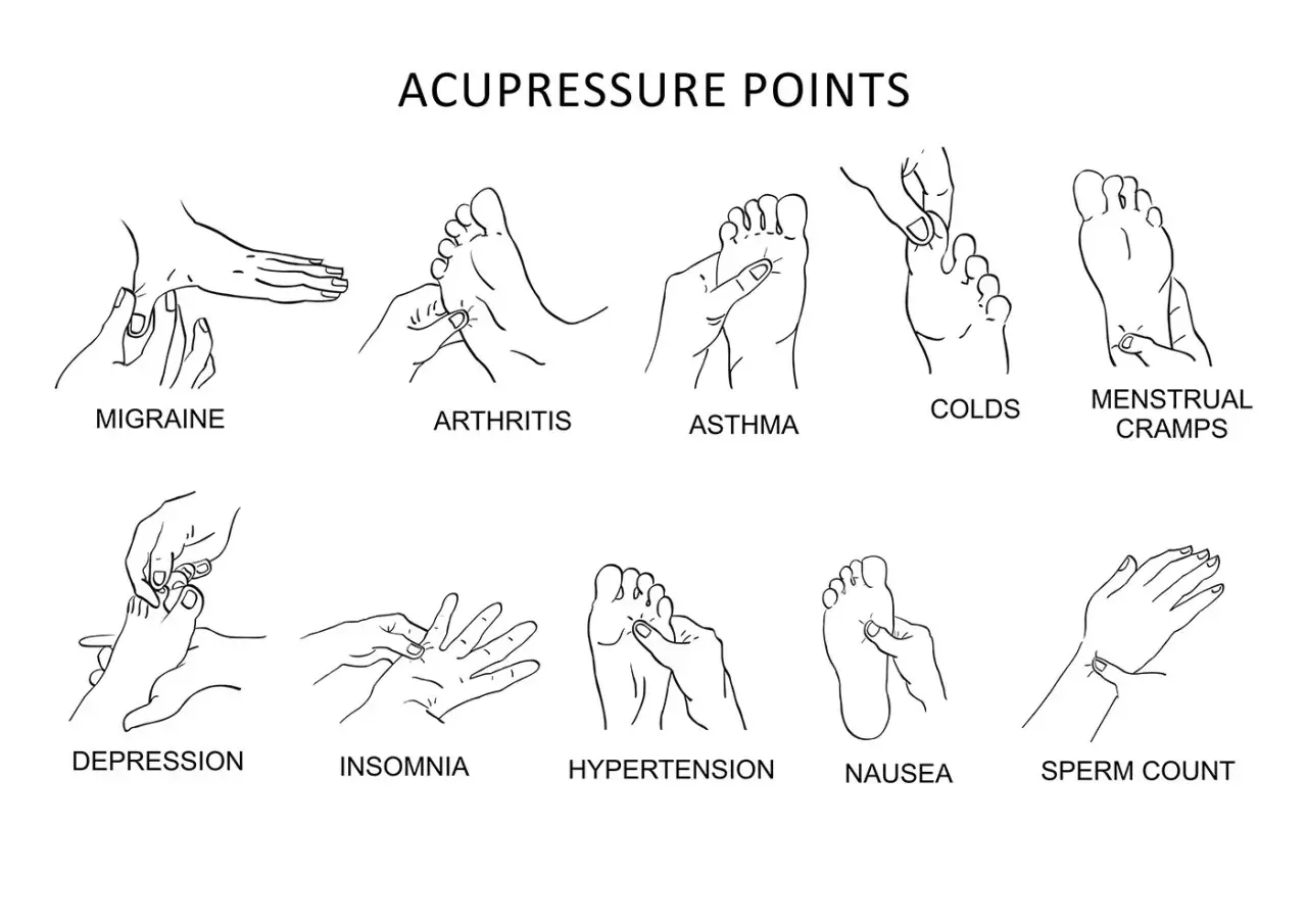 Illustration zeigt akupressur druckpunkte für Migräne, Arthritis, Asthma, Erkältungen, Menstruationsbeschwerden, Depressionen, Schlaflosigkeit, Bluthochdruck, Übelkeit und Spermienzahl.