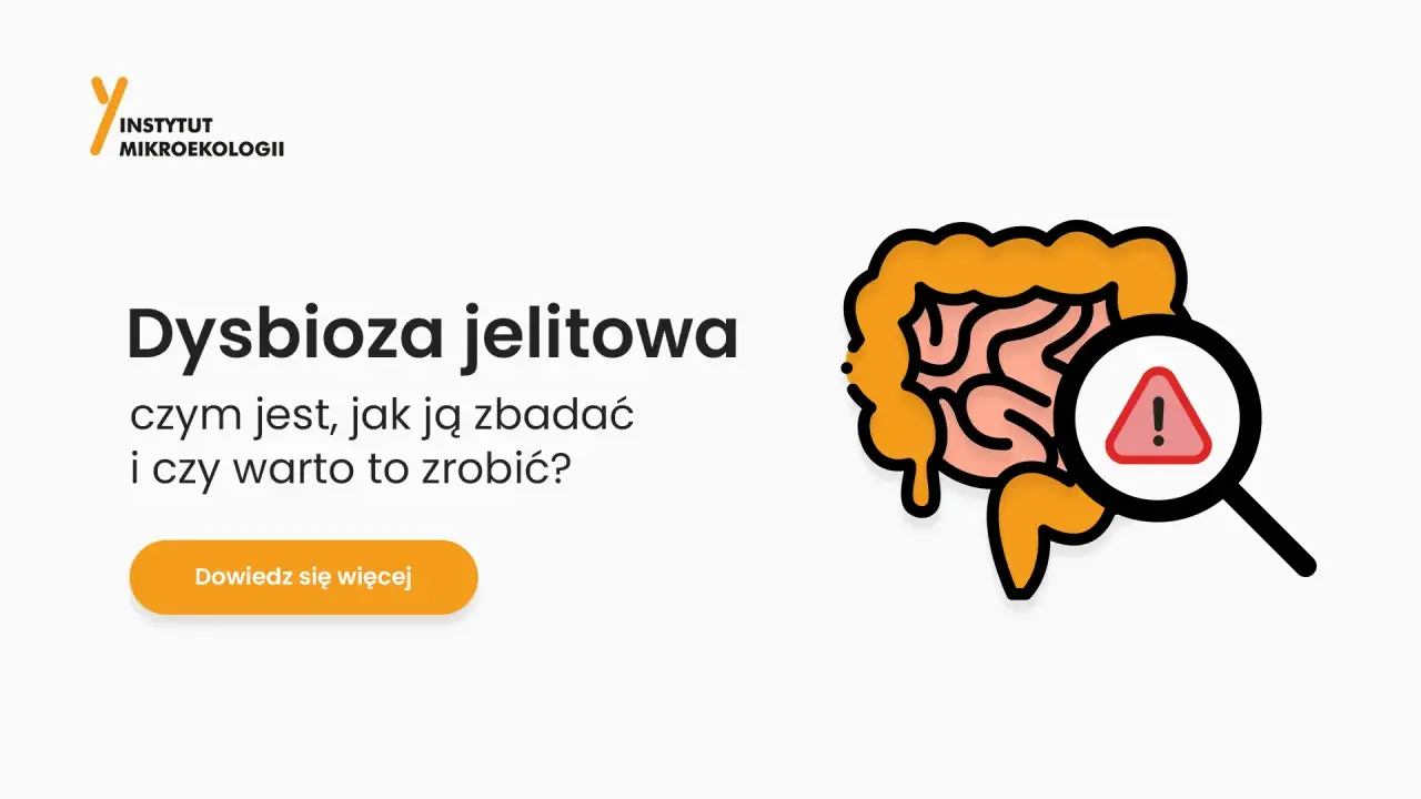 Grafika przedstawia jelita pod lupą z symbolem ostrzeżenia, sugerując problem dysbiozy jelitowej.