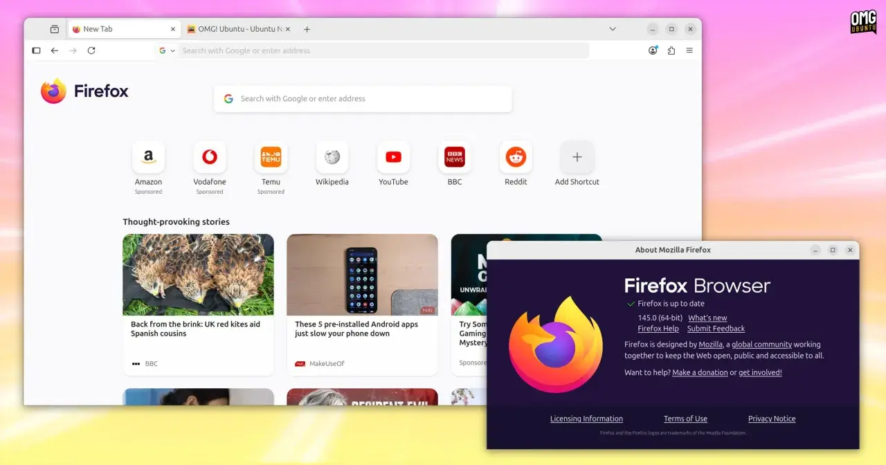 Okno przeglądarki Firefox ESR z informacją o aktualnej wersji. Widoczne zakładki, ikony ulubionych stron i artykuły.
