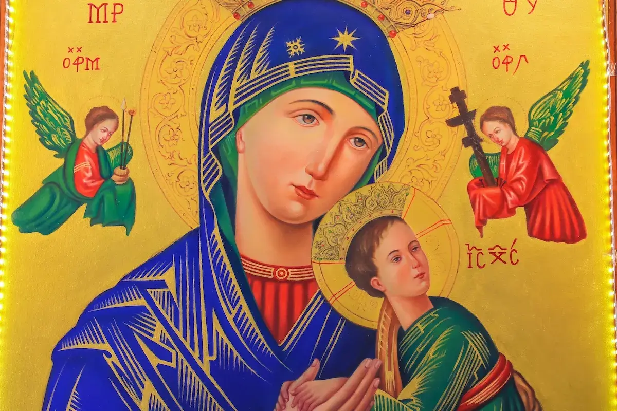Ikona Matki Bożej rozwiązującej węzły, z aniołami. Wizerunek ten jest symbolem nadziei i wsparcia w trudnych chwilach, jak podczas nowenny rozwiązującej węzły świadectwa.