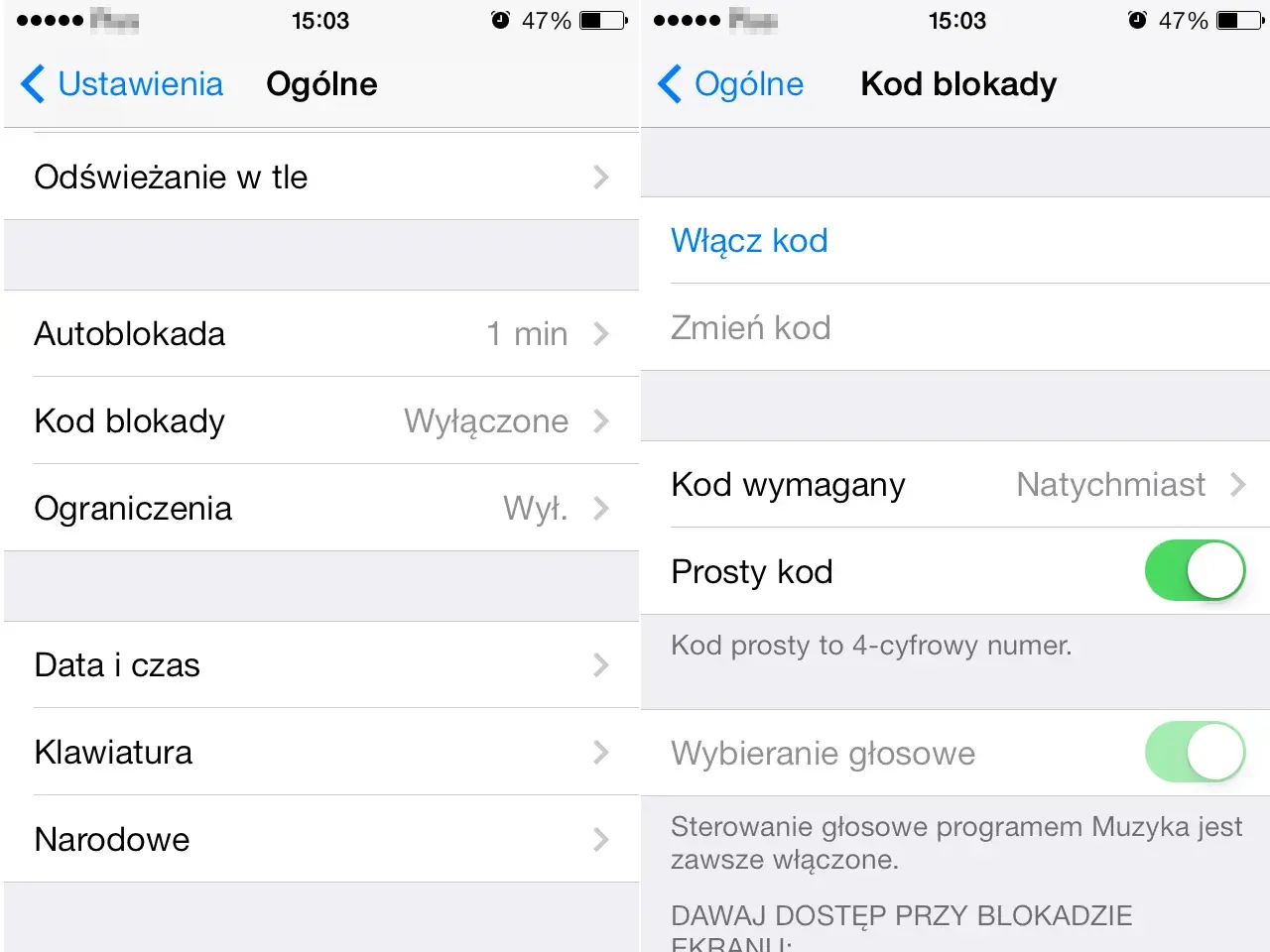 Ustawienia telefonu, sekcja "Ogólne". Widoczny jest "Kod blokady" ustawiony na "Wyłączone". To pierwszy krok, by dowiedzieć się, jak wyłączyć blokadę ekranu.