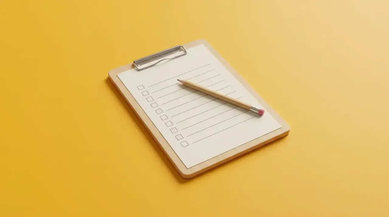 Klemmbrett mit leerer Liste und Bleistift, bereit für Fragen zum medizinischen Dienst und Pflegegrad.