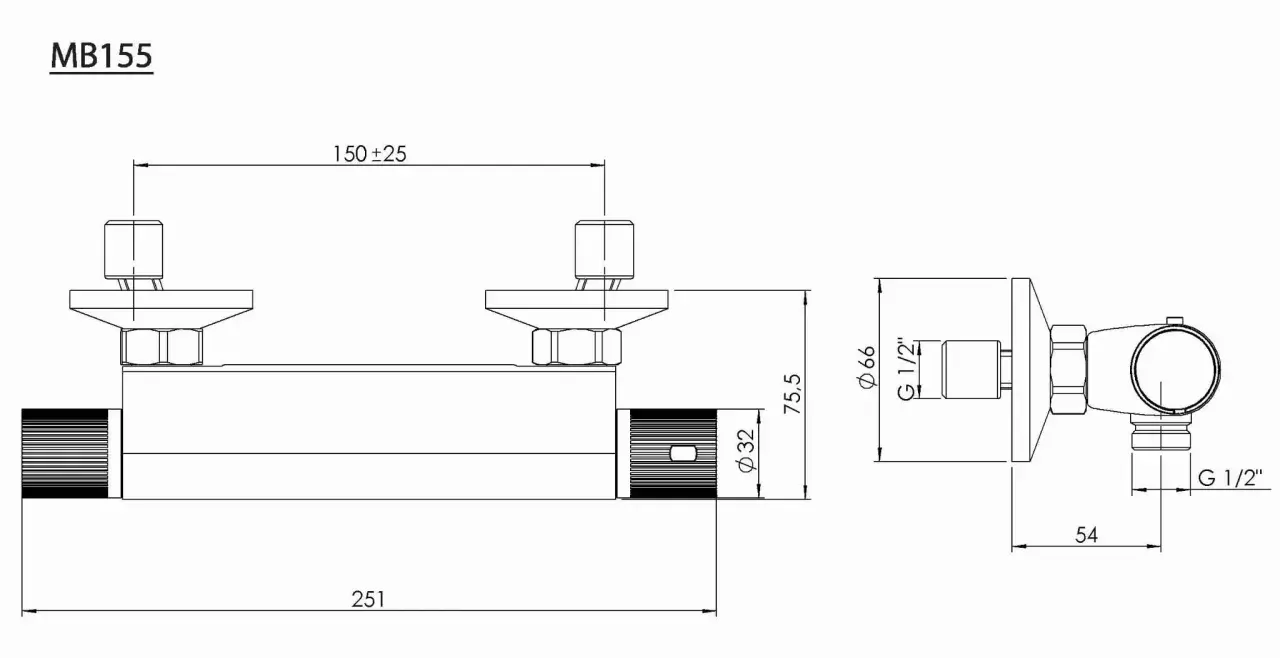 Schemat baterii prysznicowej MB155. Pokazuje rozstaw baterii prysznicowej 150 mm, wymiary przyłączeń G 1/2" i średnicę 66 mm.