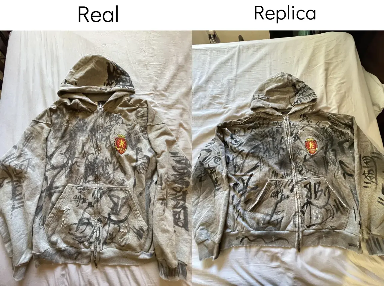 Dwie szare bluzy z kapturem, jedna oryginalna, druga podróbka. Obie z nadrukiem graffiti i herbem. Koszulka Balenciaga męska w wersji oryginalnej i replice.