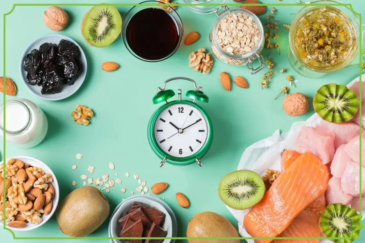 Zielony budzik obok produktów bogatych w tryptofan: łososia, indyka, kiwi, orzechów, migdałów, śliwek, mleka, owsa i czekolady. Zastanawiasz się, po jakim czasie działa tryptofan?