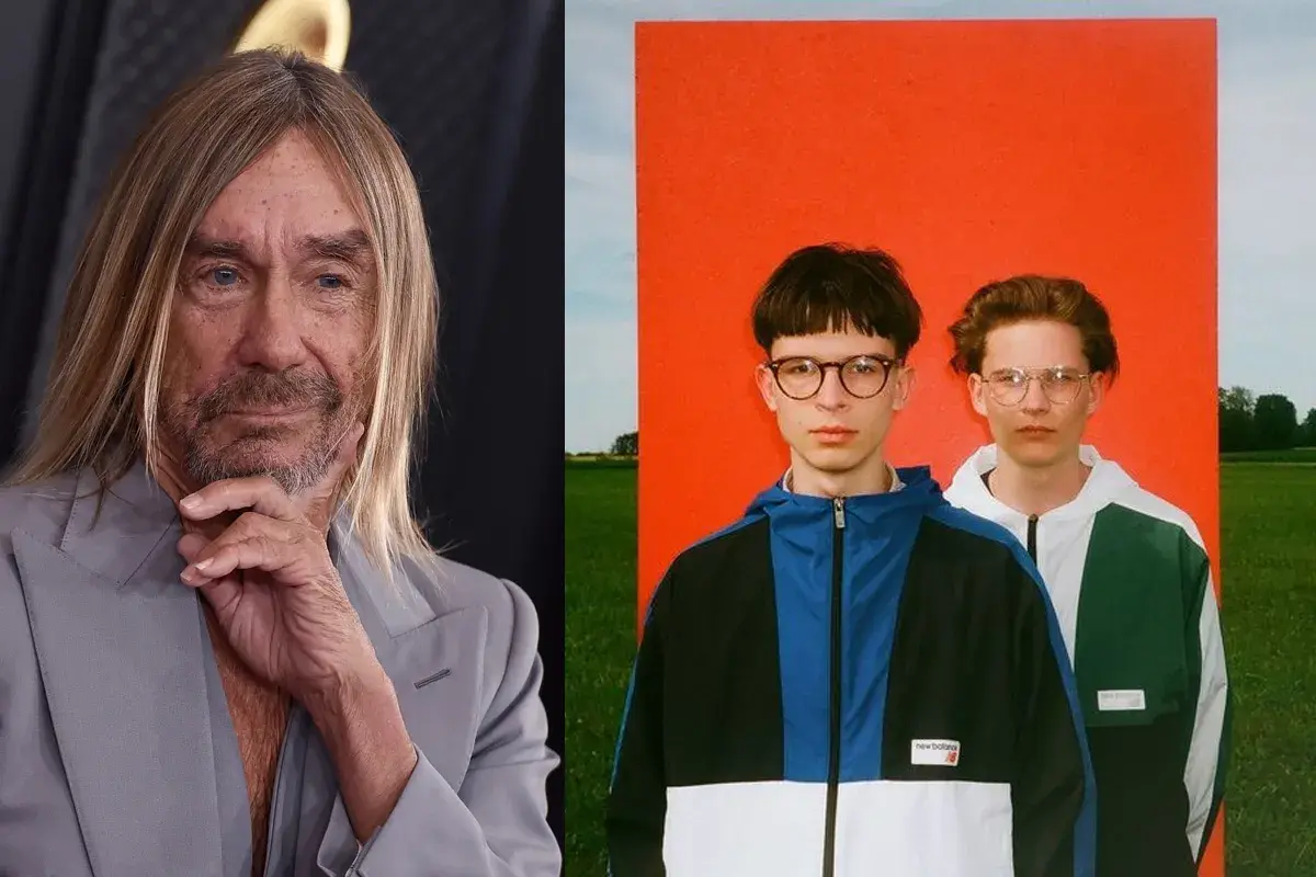 Iggy Pop obok duetu Kacperczyk. Dwóch młodych artystów w kolorowych kurtkach i okularach, obok ikony rocka.