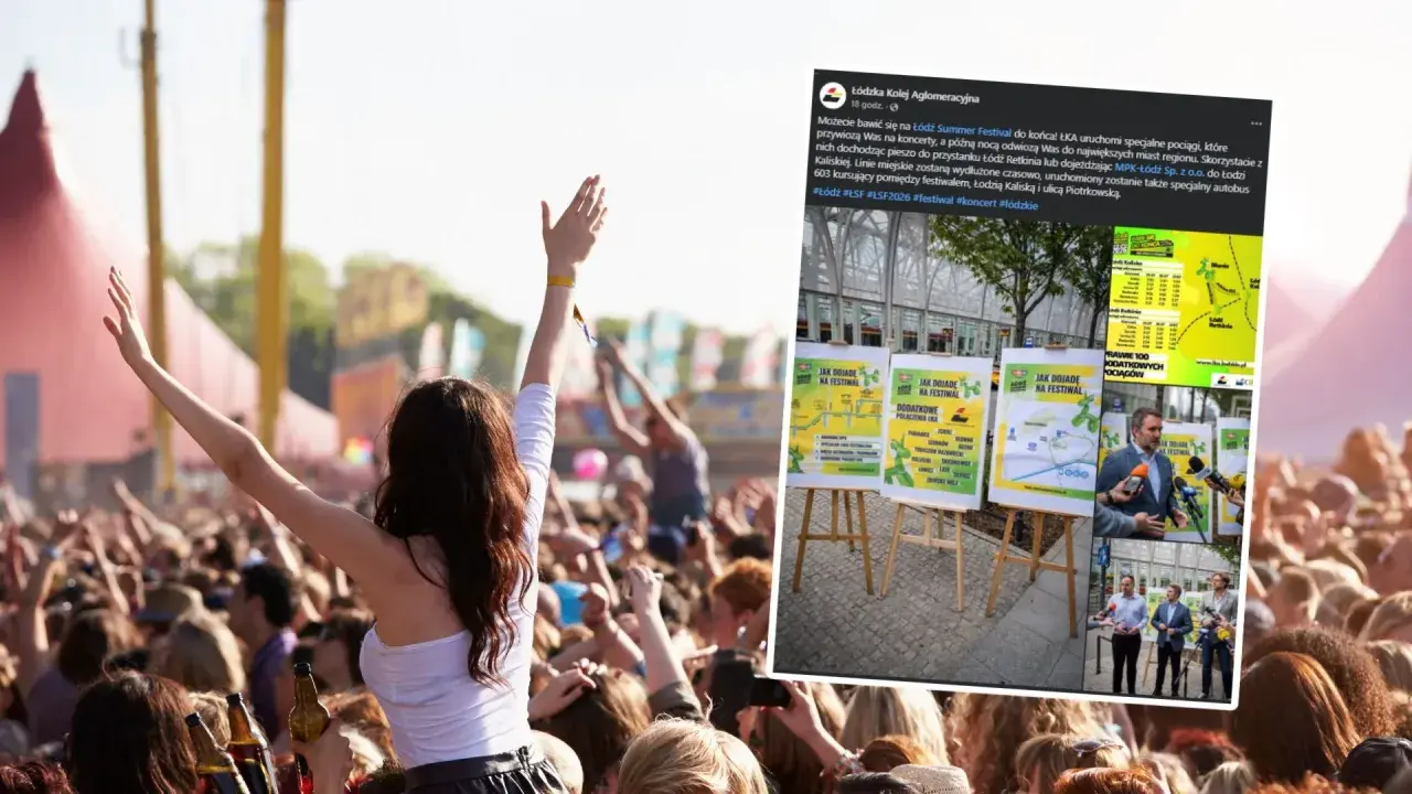 Tłum ludzi na festiwalu, w tle scena i namioty. Informacja o Łódź Summer Festival 2026 i dodatkowych połączeniach.