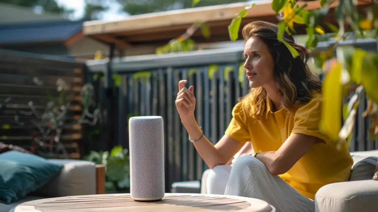 Frau spricht mit einem Smart Speaker im Garten. Sie verbindet ihr Gerät und genießt die Musik.