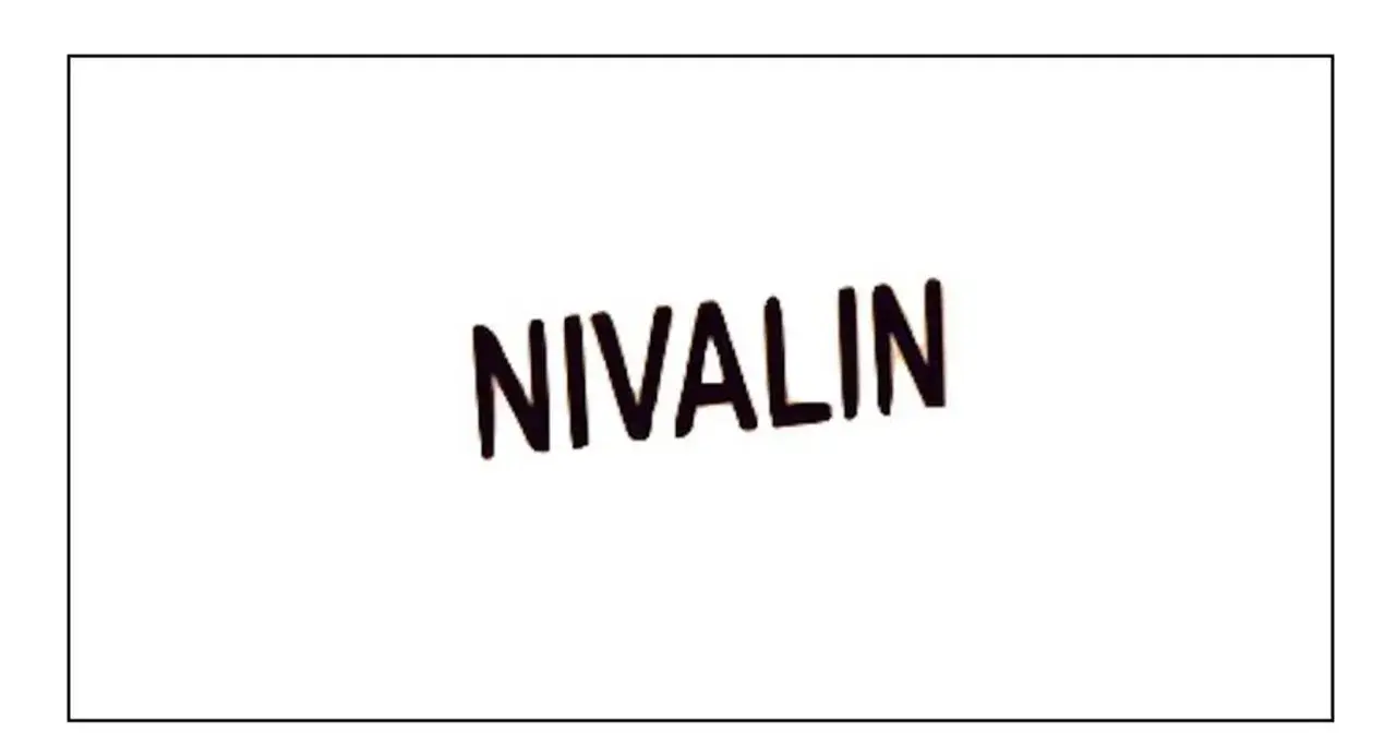 Nivalin - nazwa marki leku, napisana grubymi, ciemnymi literami na białym tle.