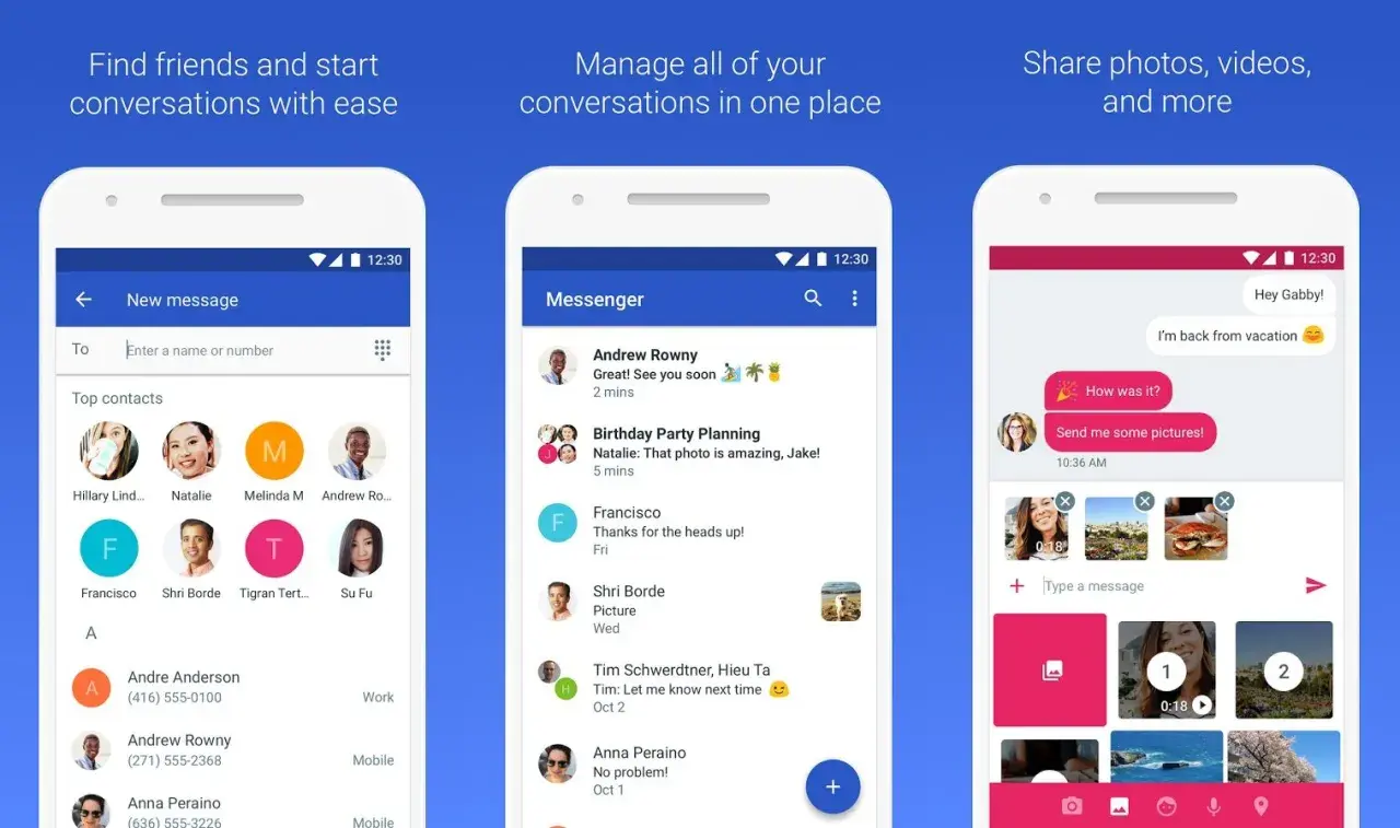 Ekran aplikacji do obsługi wiadomości Google SMS. Widok listy kontaktów, listy konwersacji i okna czatu z możliwością wysyłania zdjęć.