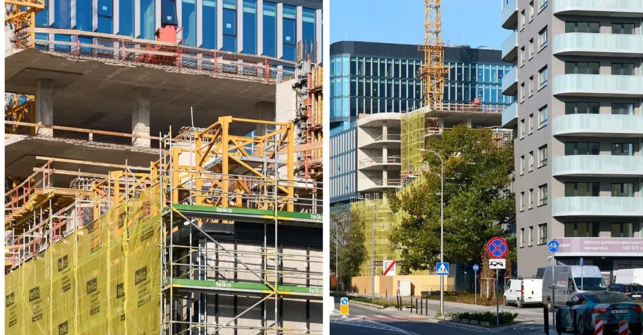 Budowa nowych bloków mieszkalnych we Wrocławiu. Widać rusztowania, dźwig i betonowe konstrukcje. Ceny mieszkań wrocław mogą być wysokie.