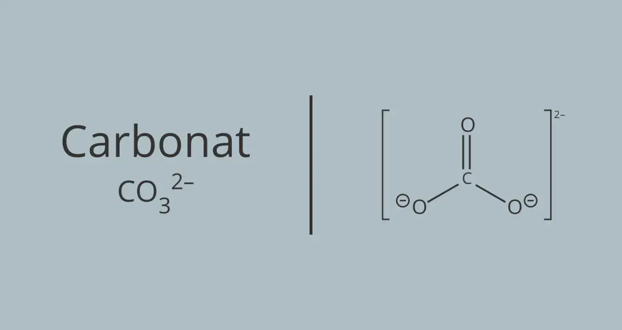 Das **Carbonat**-Ion (CO₃²⁻) mit seiner Lewis-Struktur, die ein zentrales Kohlenstoffatom zeigt, das doppelt an ein Sauerstoffatom und einfach an zwei weitere Sauerstoffatome gebunden ist, die jeweils eine negative Ladung tragen.