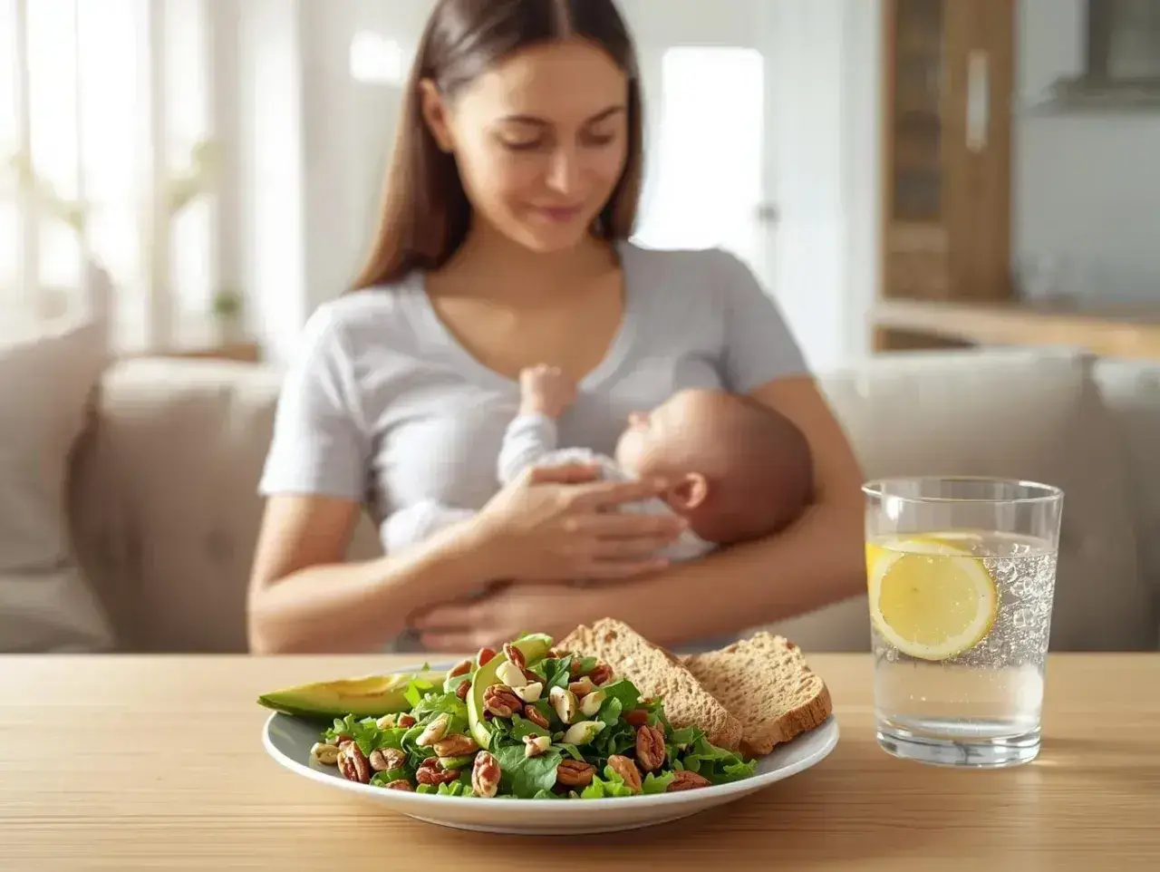 Zdrowa mama karmiąca piersią, obok talerz z sałatką, pieczywem i wodą z cytryną. To inspiracja do stworzenia własnej tabeli: co można jeść karmiąc piersią.