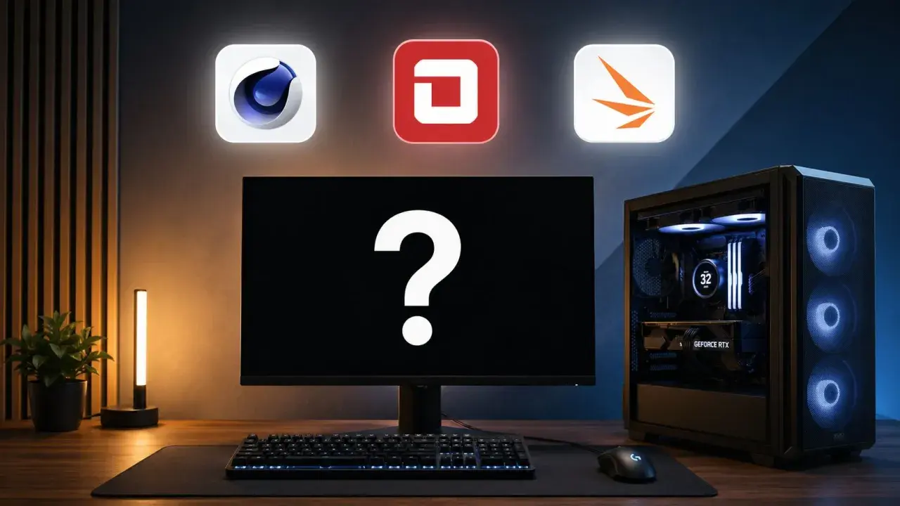 Komputer z podświetlanym chłodzeniem i kartą GeForce RTX, gotowy na test wydajności. Nad monitorem ikony programów: Cinema 4D, DaVinci Resolve, Blender.