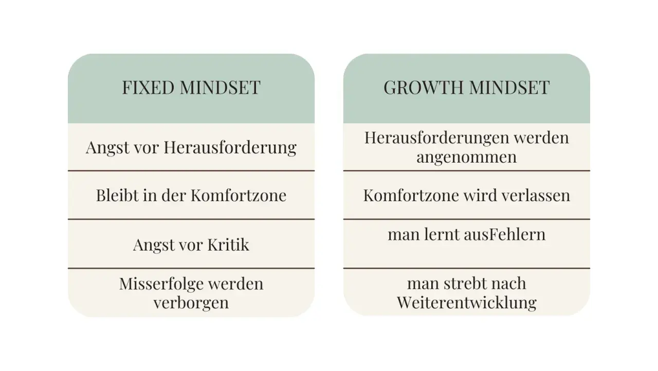 Gegenüberstellung von "Fixed Mindset" (Angst vor Herausforderungen, Kritik, Misserfolgen) und "Growth Mindset" (Herausforderungen annehmen, aus Fehlern lernen, Weiterentwicklung).