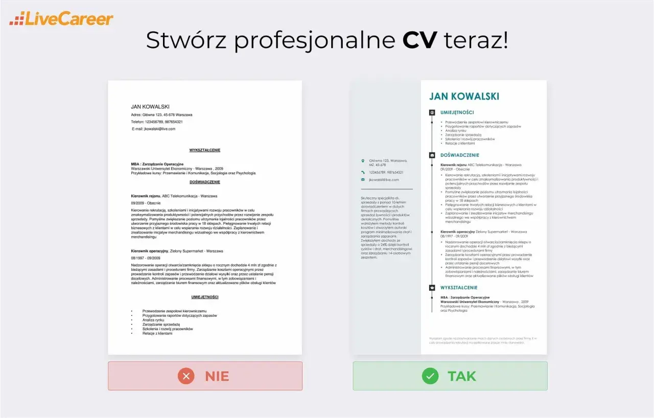 CV dla ucznia: Jan Kowalski, doświadczony menedżer, prezentuje swoje umiejętności i wykształcenie.