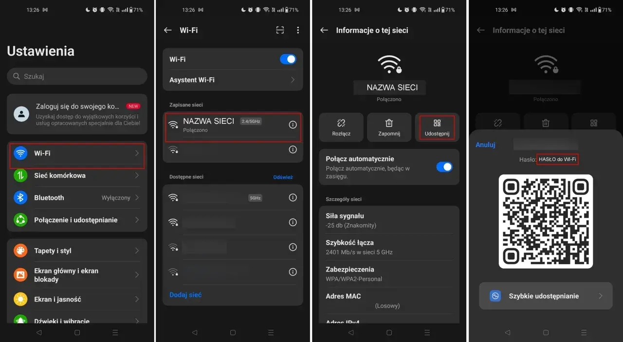 Jak sprawdzić SSID w telefonie? Ekran pokazuje ustawienia Wi-Fi, gdzie nazwa sieci (SSID) jest widoczna. Można też udostępnić hasło.