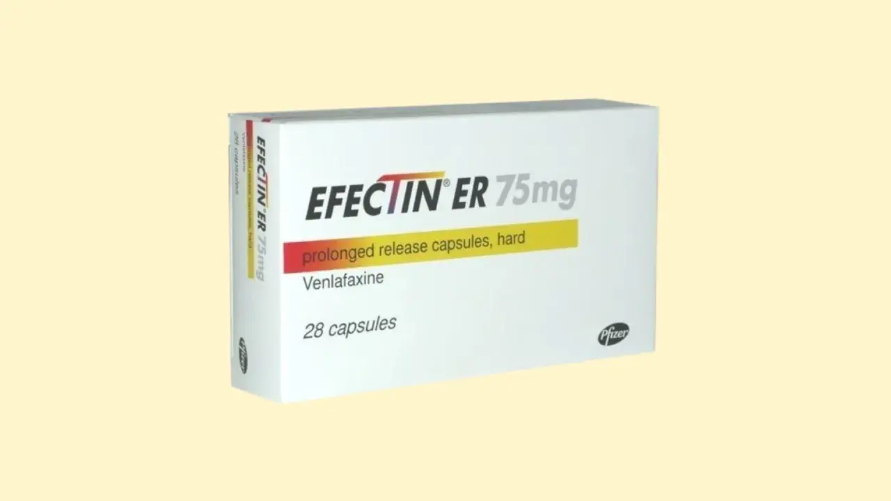 Opakowanie leku Efectin ER 75mg, zawierające 28 kapsułek o przedłużonym uwalnianiu z wenlafaksyną.