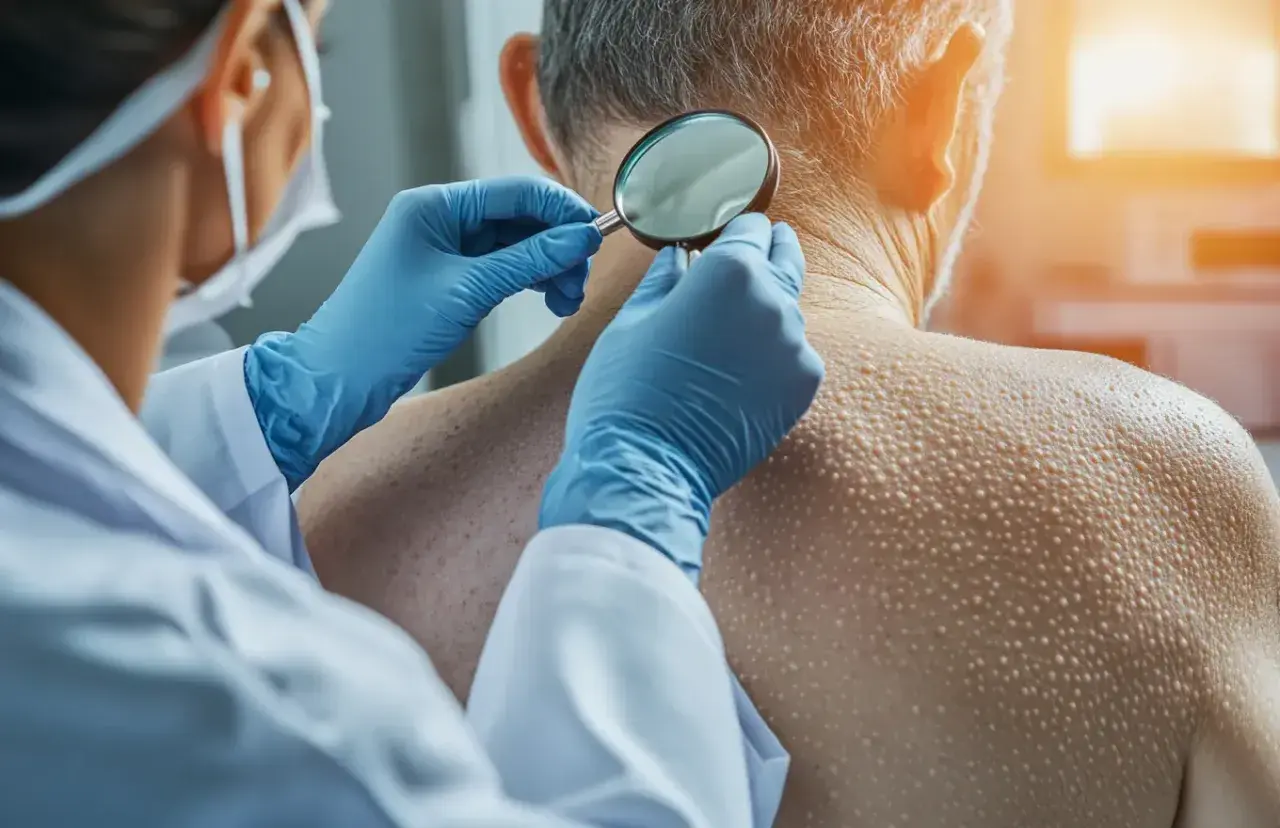 Dermatolog w rękawiczkach bada powiększoną lupą skórę szyi pacjenta z licznymi włókniakami.