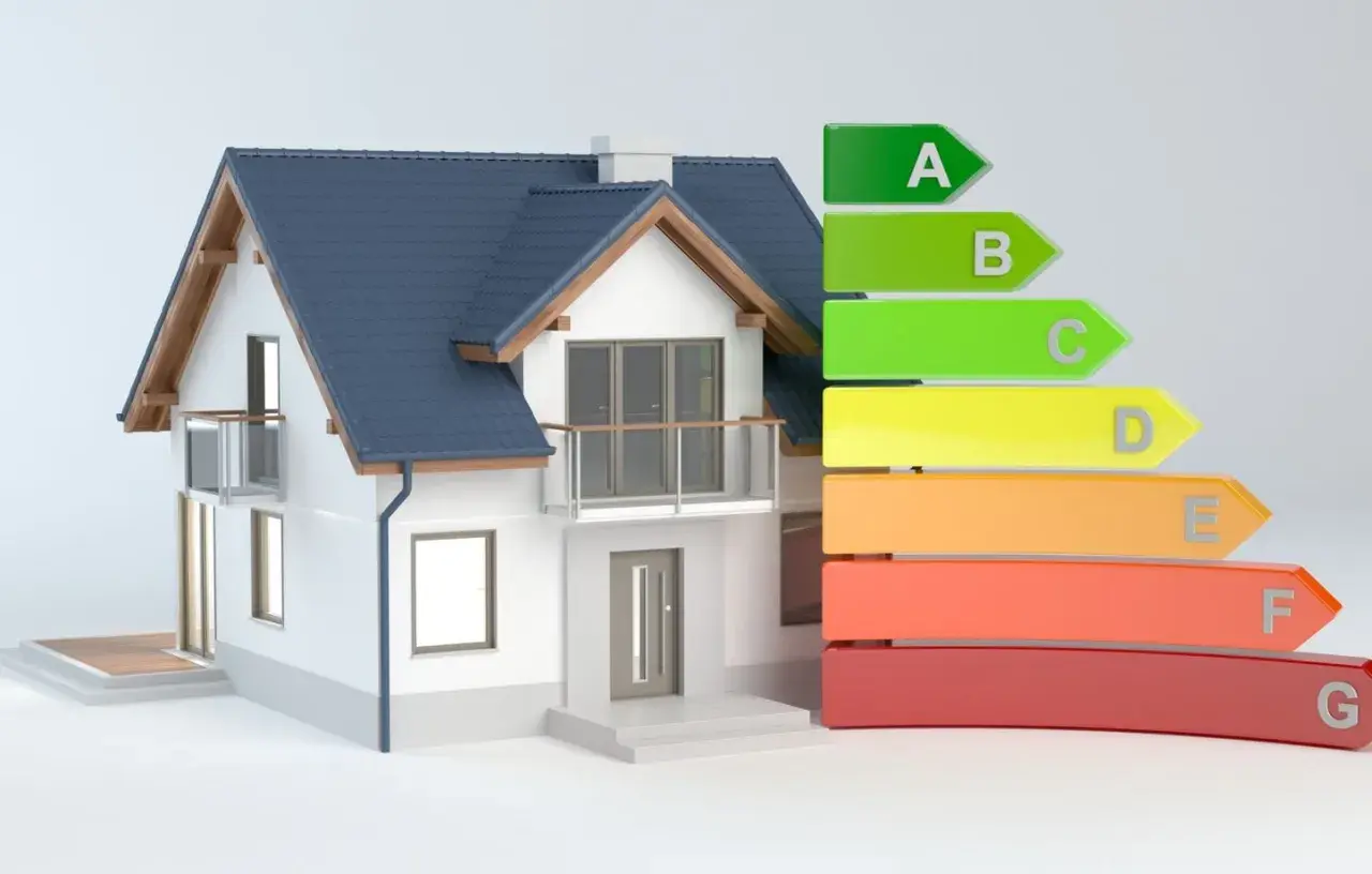 Maison moderne avec étiquette énergétique. Un audit énergétique tarif peut révéler la classe A à G de votre logement.