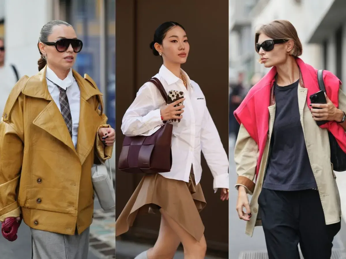 Trzy kobiety prezentują modne stylizacje z elementami color blocking: musztardowa kurtka, brązowa torebka i beżowy płaszcz z fuksjową narzutką.