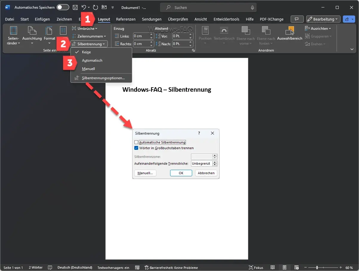 Menüpunkt "Layout" > "Silbentrennung" > "Automatisch" ausgewählt. Dialogfeld "Silbentrennung" mit Option "Automatische Silbentrennung" ist geöffnet.