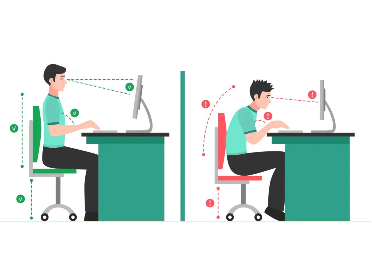 Prawidłowa ergonomia pracy przy komputerze: wyprostowana postawa, wzrok na linii ekranu. Zła postawa: garbienie się, oczy poniżej ekranu.