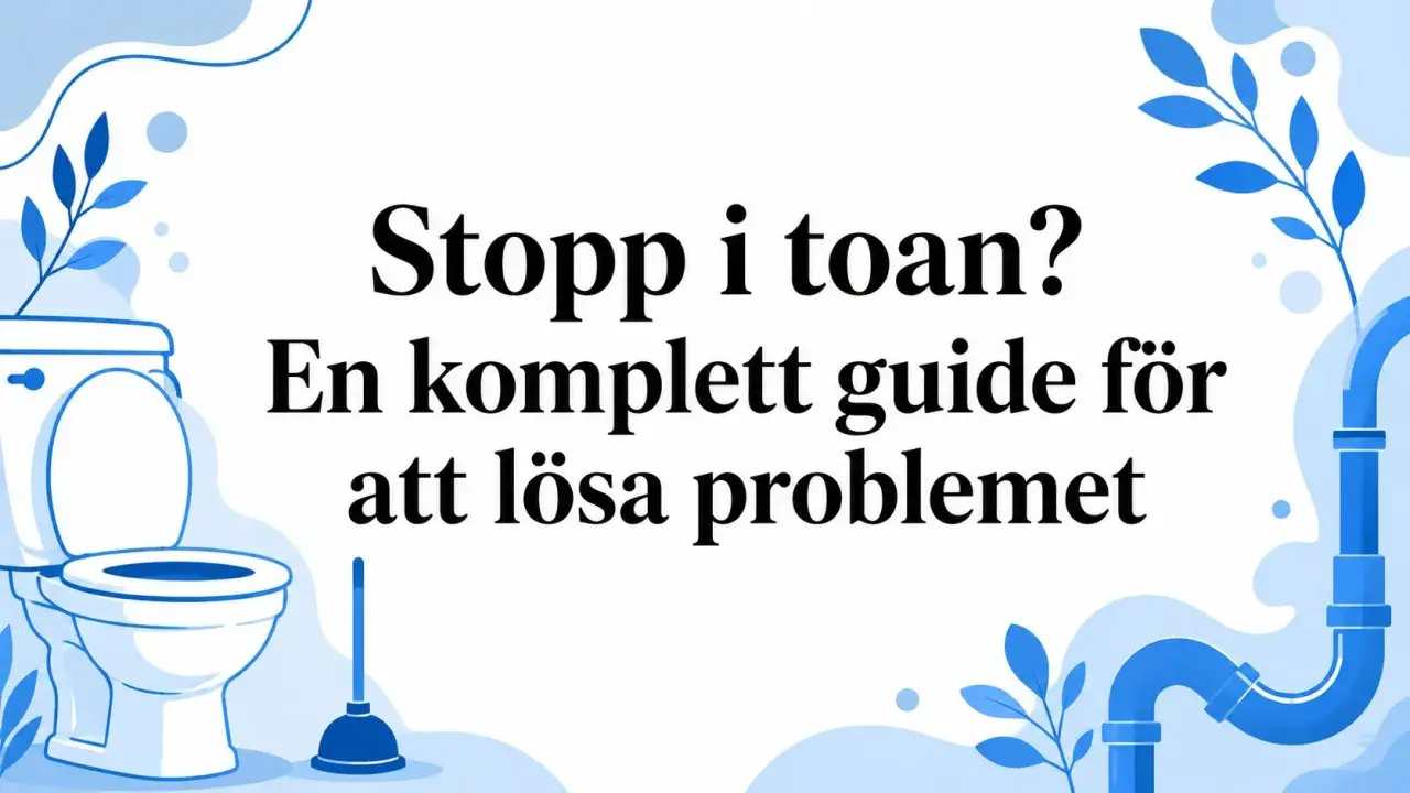 Stopp i toaletten? En komplett guide för att lösa problemet. Bilden visar en toalett och en sugpropp, med texten "Stopp i toan? En komplett guide för att lösa problemet".
