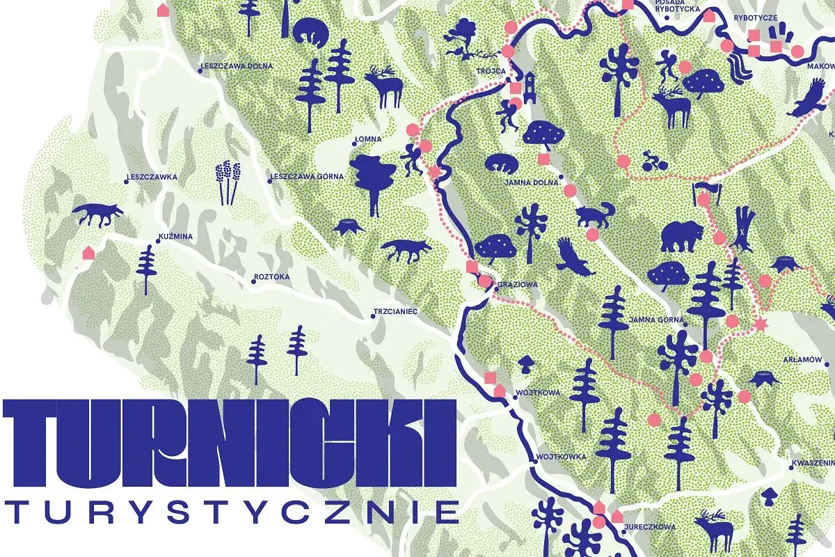 Mapa turystyczna **Turnicki Park Narodowy** z zaznaczonymi szlakami, zwierzętami i nazwami miejscowości.
