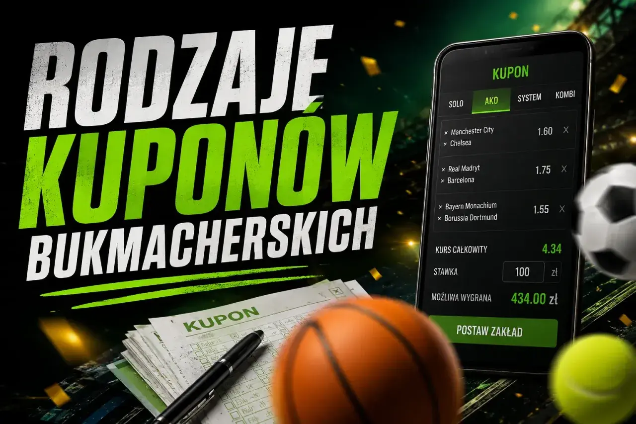 Na ekranie telefonu widać kupon bukmacherski z zakładami typu **ako**. Obok piłka nożna, koszykówka i tenis.