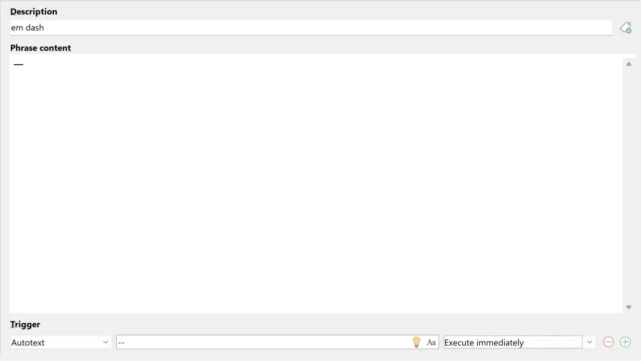 Autotext-Einstellung: "em dash" wird durch einen Gedankenstrich ersetzt, wenn "--" auf der Tastatur eingegeben wird.