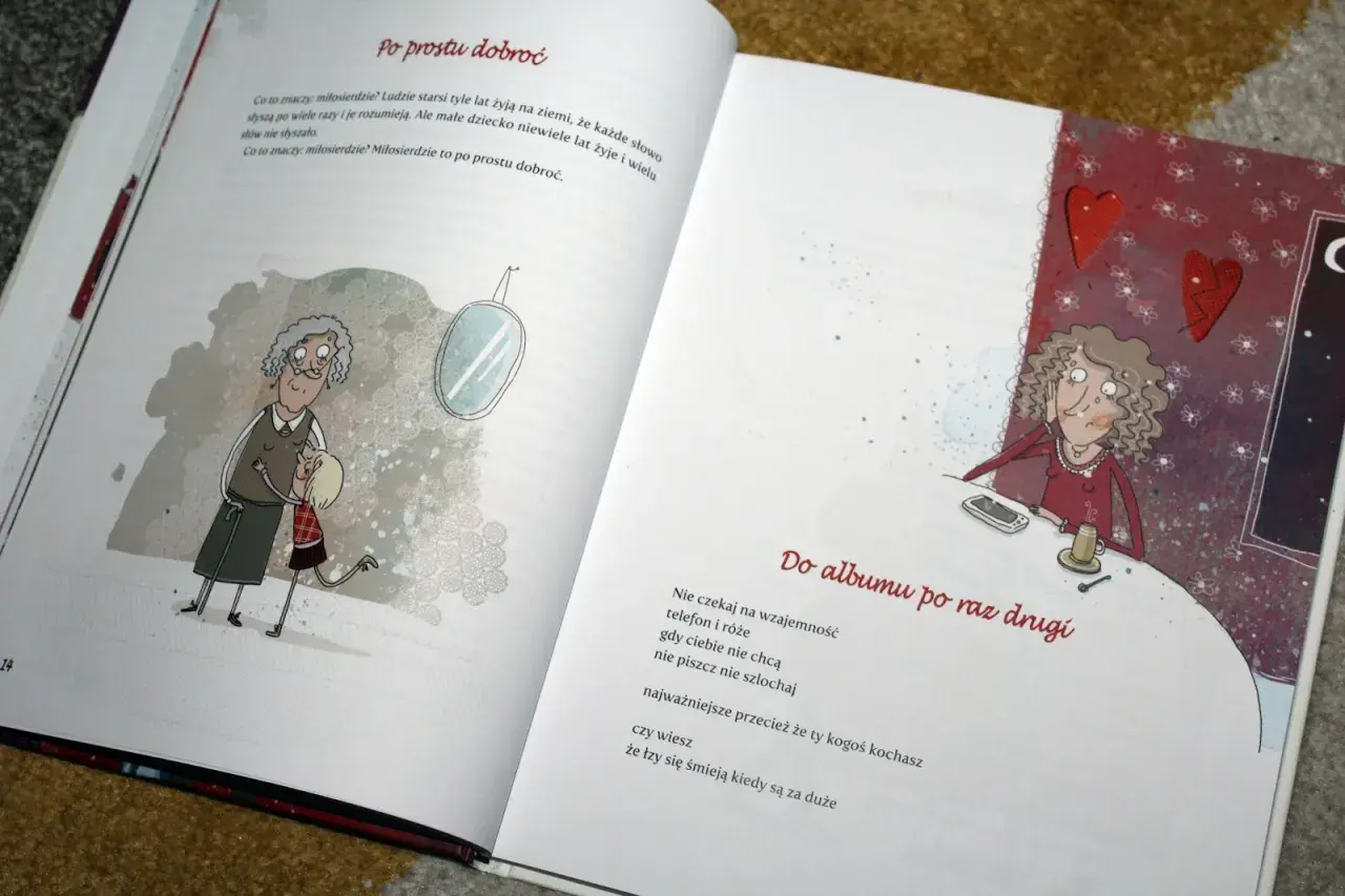 Ilustracje do wierszy Jana Twardowskiego dla dzieci. Babcia przytula wnuczkę, a na drugiej stronie kobieta siedzi przy stole.