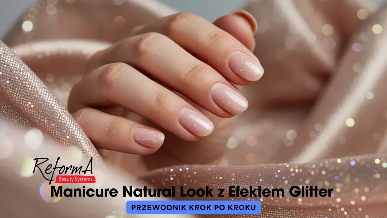 Delikatne zdobienie paznokci w naturalnym stylu z efektem glitter. Dłonie prezentują subtelny manicure, podkreślony blaskiem.