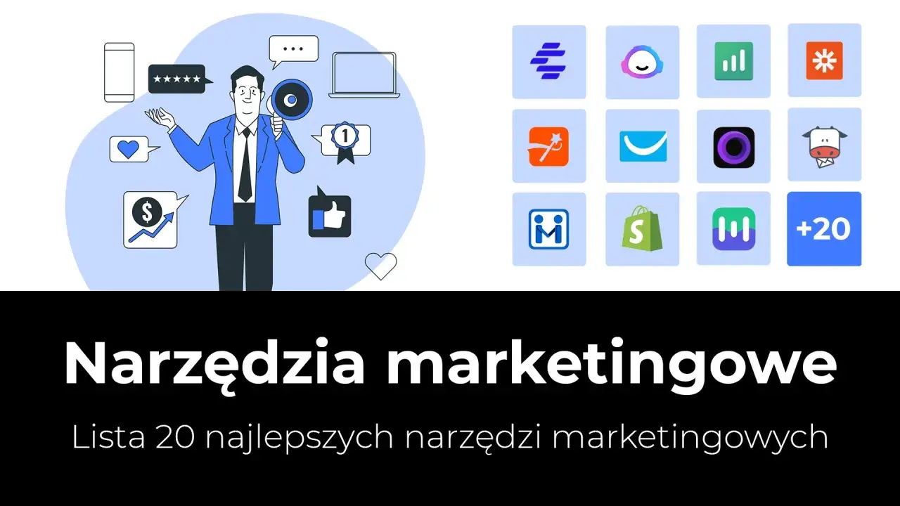 Ilustracja przedstawia mężczyznę z megafonem otoczonego ikonami symbolizującymi narzędzia marketingowe, takie jak smartfon, gwiazdki, serce, wykresy i torba na zakupy.