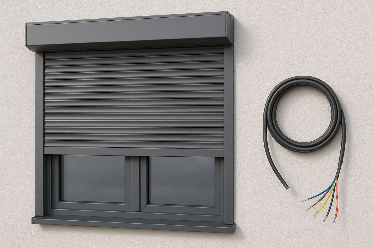 Szary, elektryczny system rolet zewnętrznych zamontowany na ścianie, obok zwinięty kabel z kolorowymi przewodami.