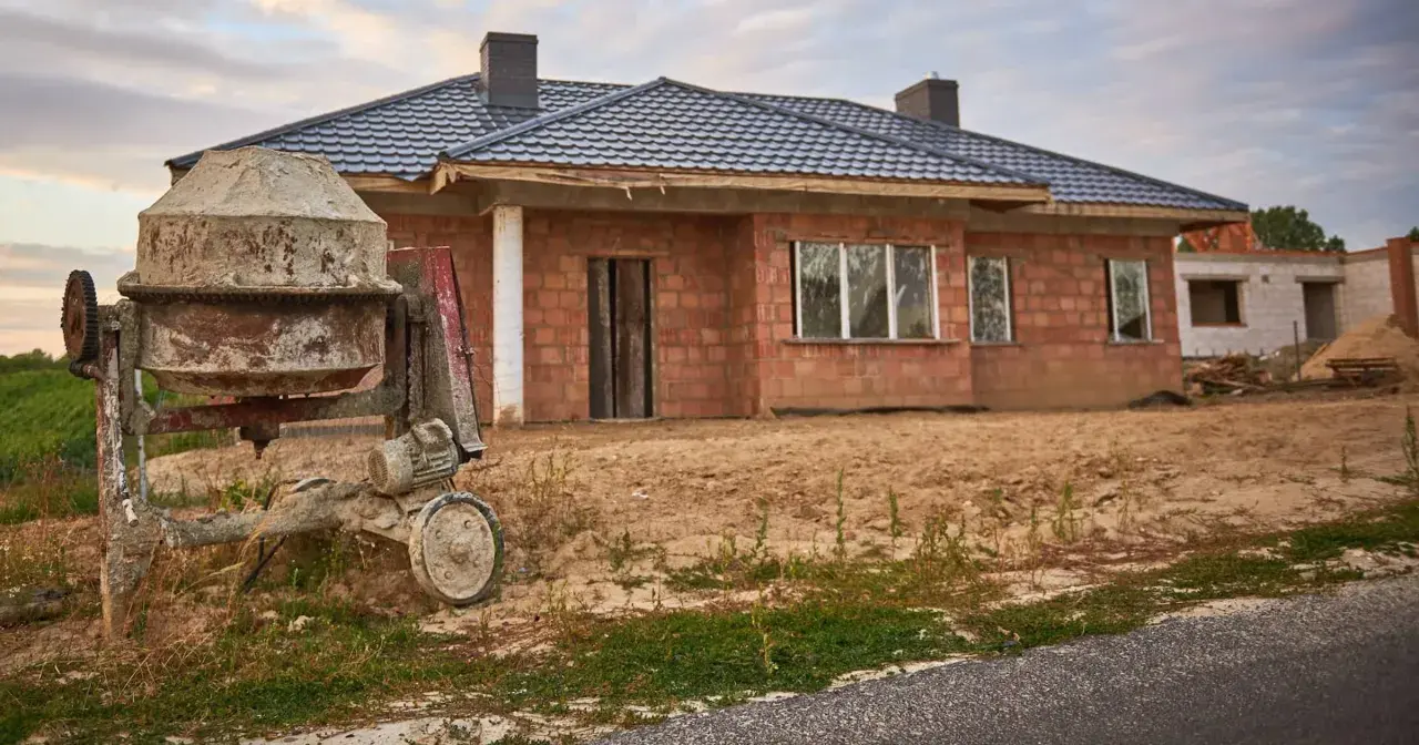 Dom w budowie, beton wylewany z betoniarki. To jeden z etapów budowy domu, który wpływa na kosztorys.