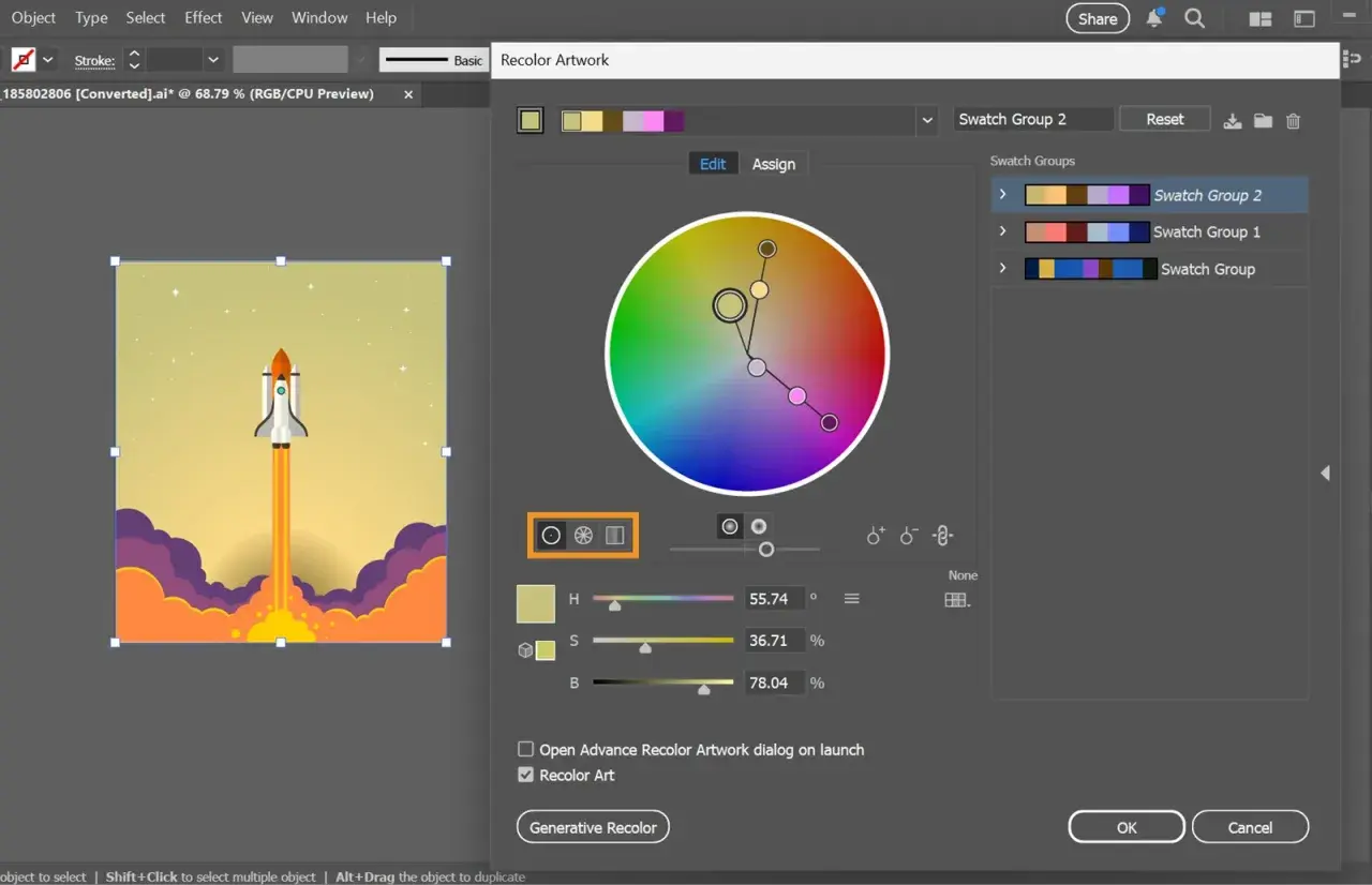 Panel "Recolor Artwork" w Adobe z kołem kolorów, rakietą kosmiczną i opcjami zmiany barw.