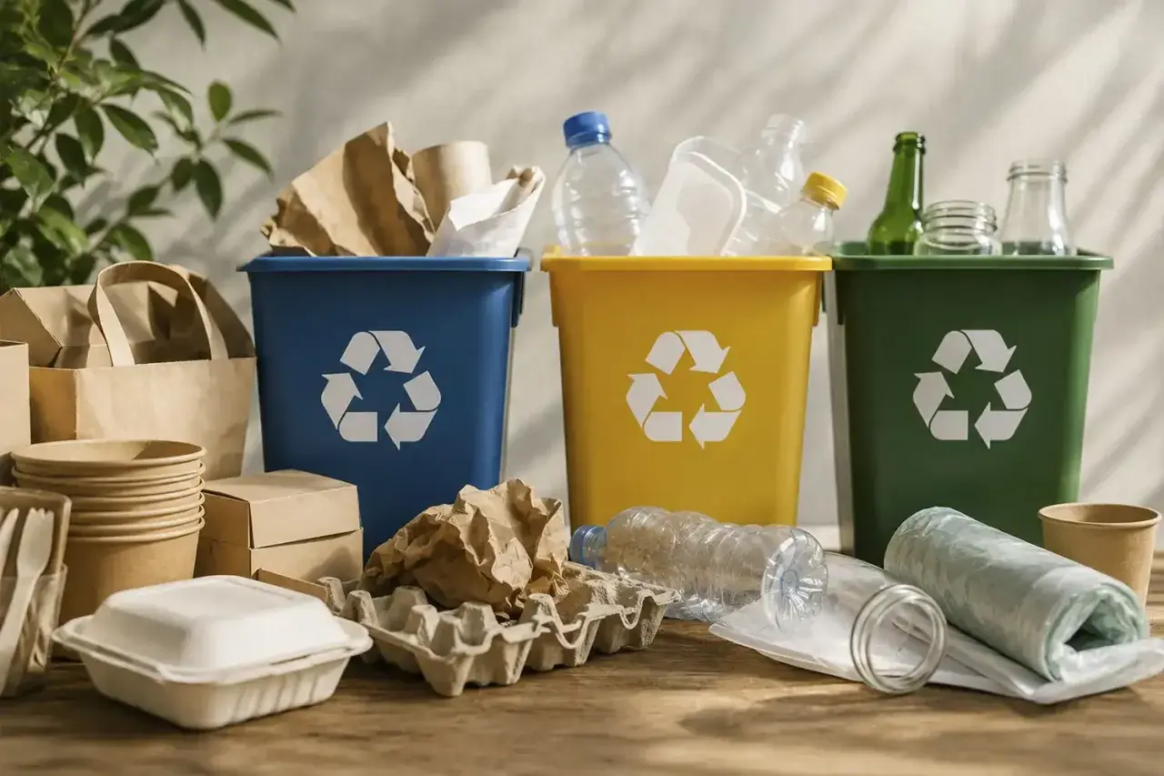 Segregacja odpadów: niebieski kosz na papier, żółty na plastik, zielony na szkło. Nawet hutniczy produkt odpadowy może znaleźć nowe życie.
