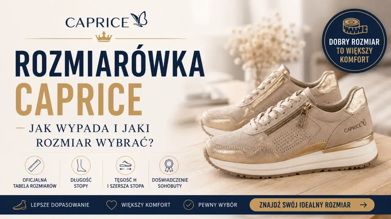 Złote sneakersy Caprice. Tabela rozmiarów pomoże dobrać idealny rozmiar, np. rozmiar 42 5 ile to cm, dla większego komfortu.
