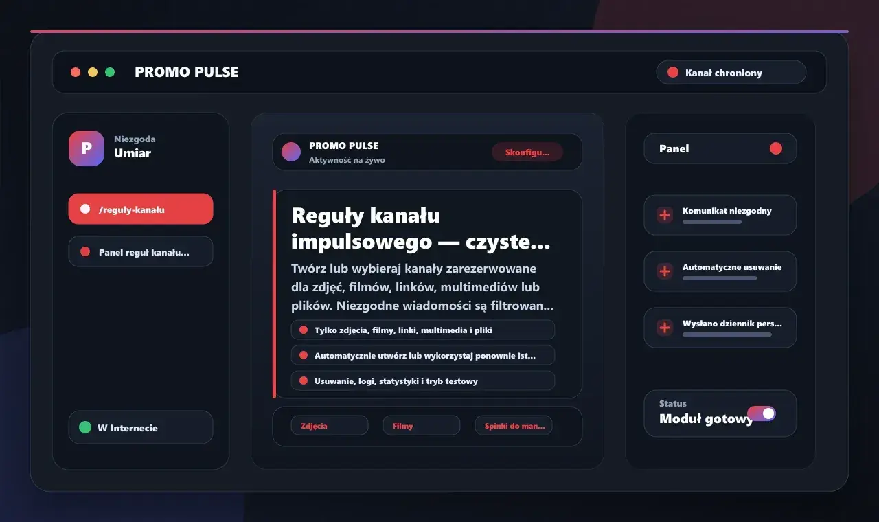 Interfejs przypomina Discorda, pokazując panel zarządzania kanałem "PROMO PULSE" z opcjami konfiguracji, regułami i statusem.
