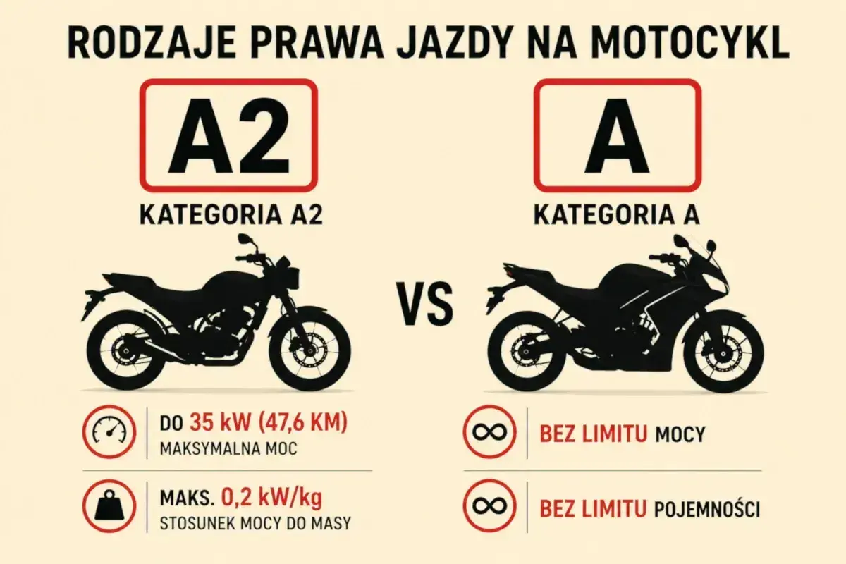 Porównanie kategorii A2 i A prawa jazdy na motocykl. A2 to motocykle do 35 kW, A to bez limitu mocy i pojemności.