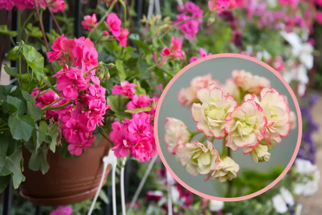Różowa pelargonia rosebud astrid w doniczce, obok zbliżenie na jej kremowo-różowe kwiaty.