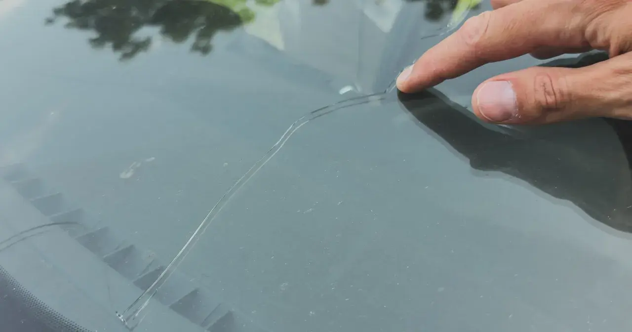 Palec wskazujący na pękniętej szybie samochodowej. Sprawdź autoglass cennik, aby poznać koszt naprawy.